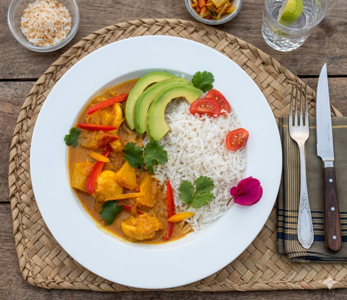 Curry d'Ananas Végétarien, Quenelles de Légumes & Riz Coco